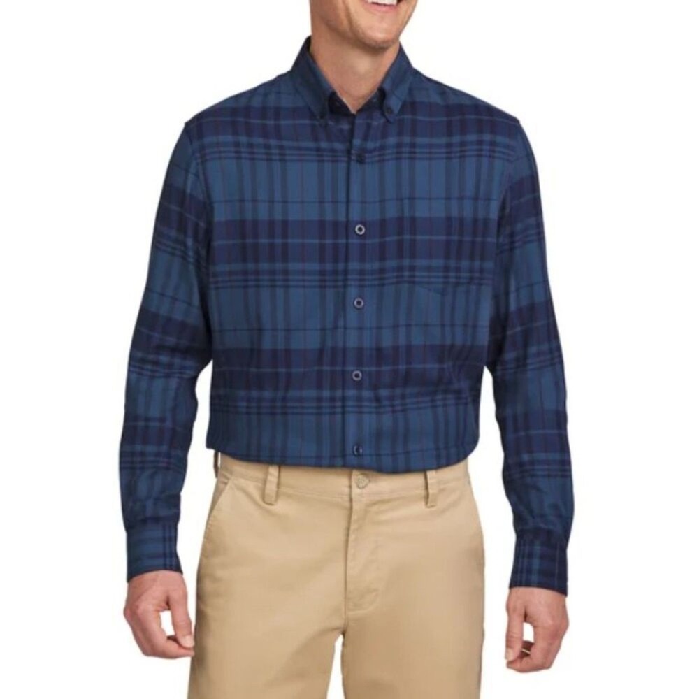 LANDS END Men Brushed Twill Button Down Shirt M Blue Tartan‎ Plaid Flannel NWT